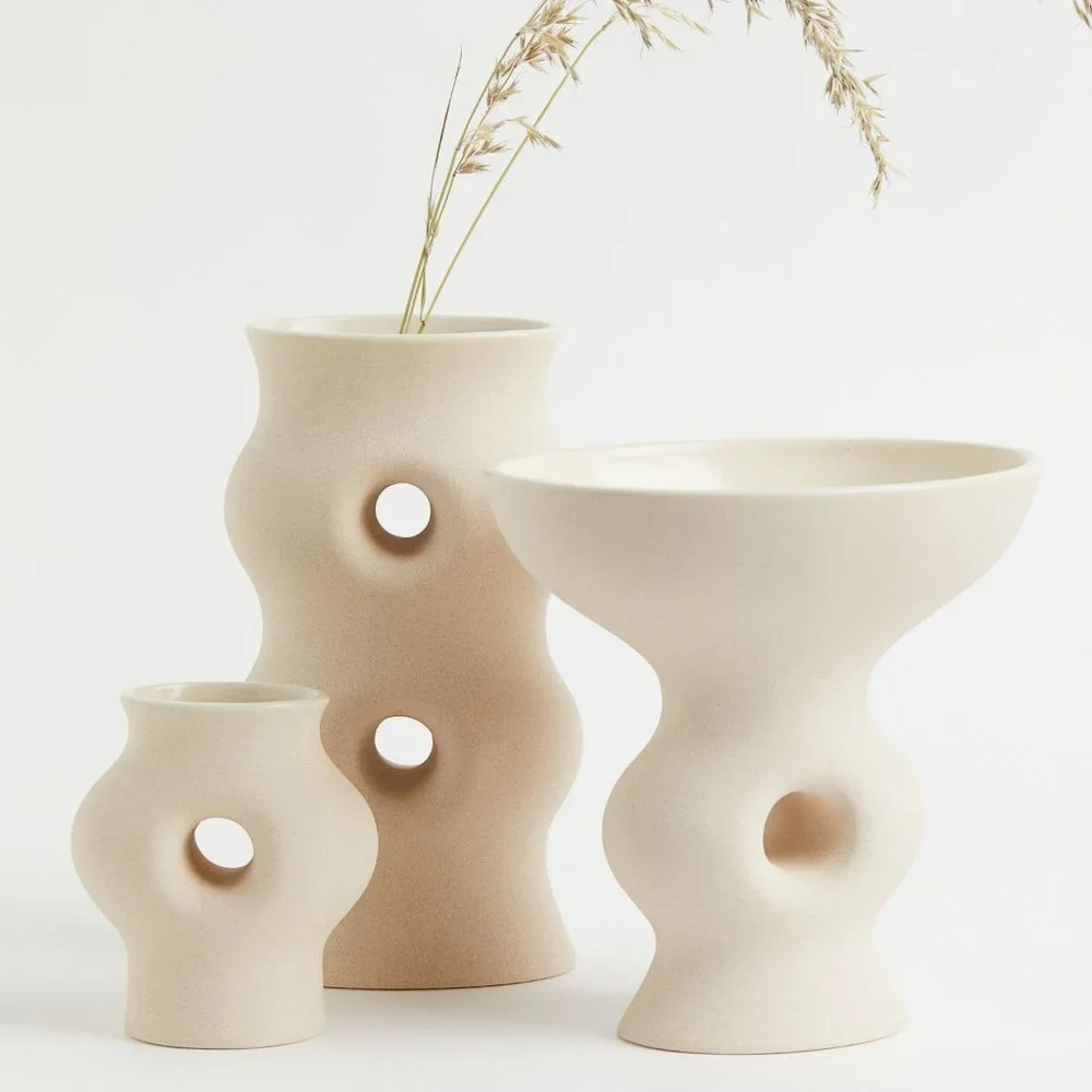 New West Elm Large Cream Stoneware Abstract Ceramic Planter Flower Vase Décor